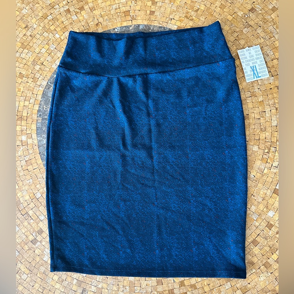 LuLaRoe Cassie Blue/Black/Little bit of Red. Pencil Skirt Knee-Length XL